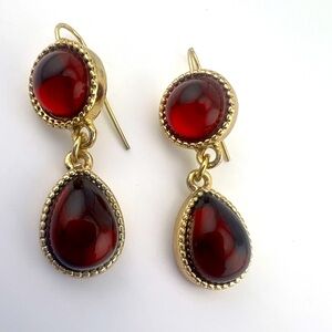 Deep Red Rhinestone Tear Drop Gold Toned Dangle Earrings